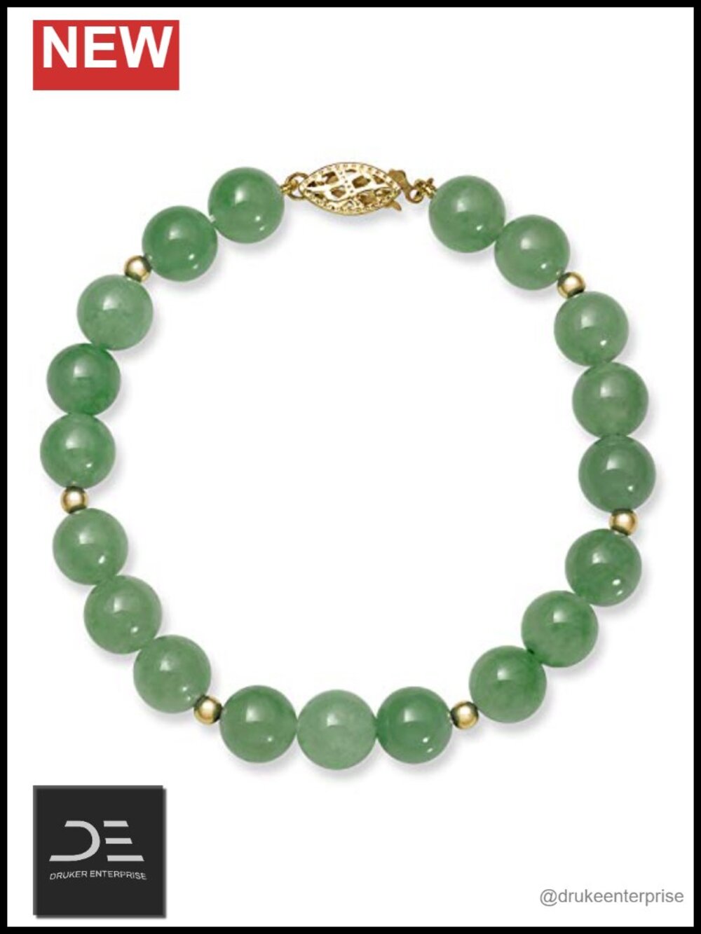Natural Green Jade Bracelet 14K Yellow Gold Beaded Strand 7.5 Inch